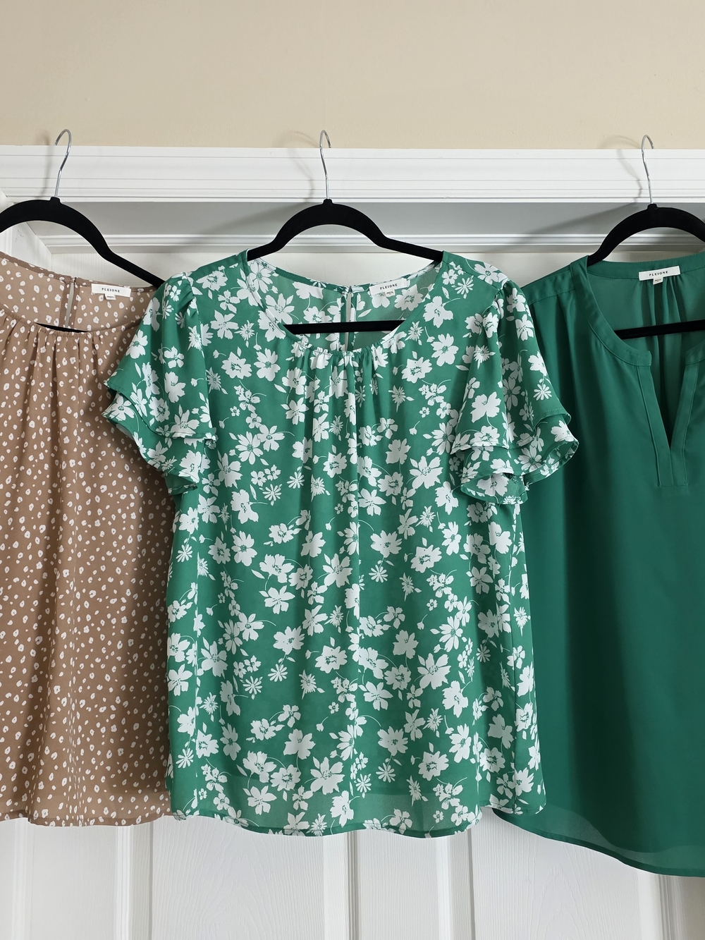 Pleione Blouses - Bundle Of Three - Green, Green & White, Tan & White Size Large